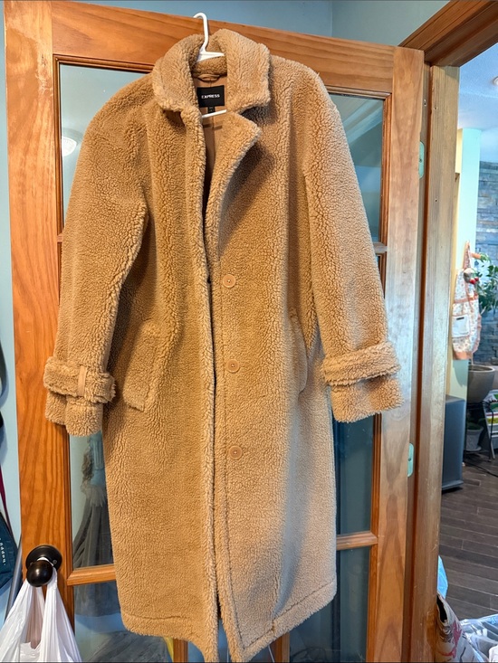 Express Jackets & Blazers - Express Tan Teddy Long Coat with Button Front